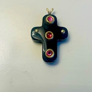 Black Resin Cross 14K with Pink Tourmalines Vintage EUC